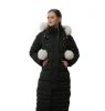latest vogue black down coat hooded long garment with pompoms